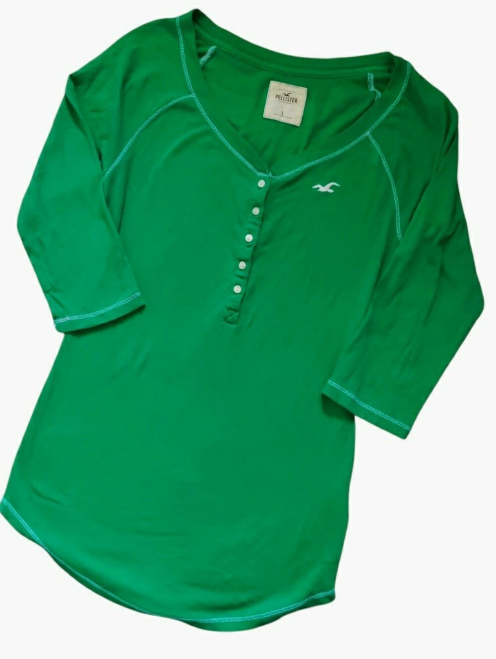 VTG Y2K Hollister Henley Top Kelly Green Logo 3/4 Sleeve